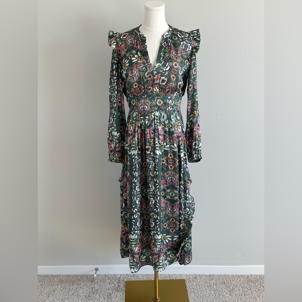 Current Air Floral Midi Dress Green Ruffle Shoulder Ruched Long Sleeve / S